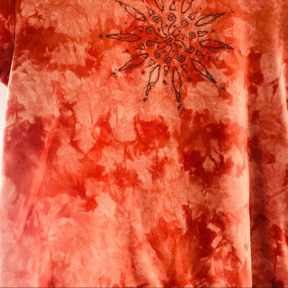 PrAna Retro Orange Bleach Dye Sun Mandala 1990s Cotton Babydoll T-Shirt - Picture 6 of 10